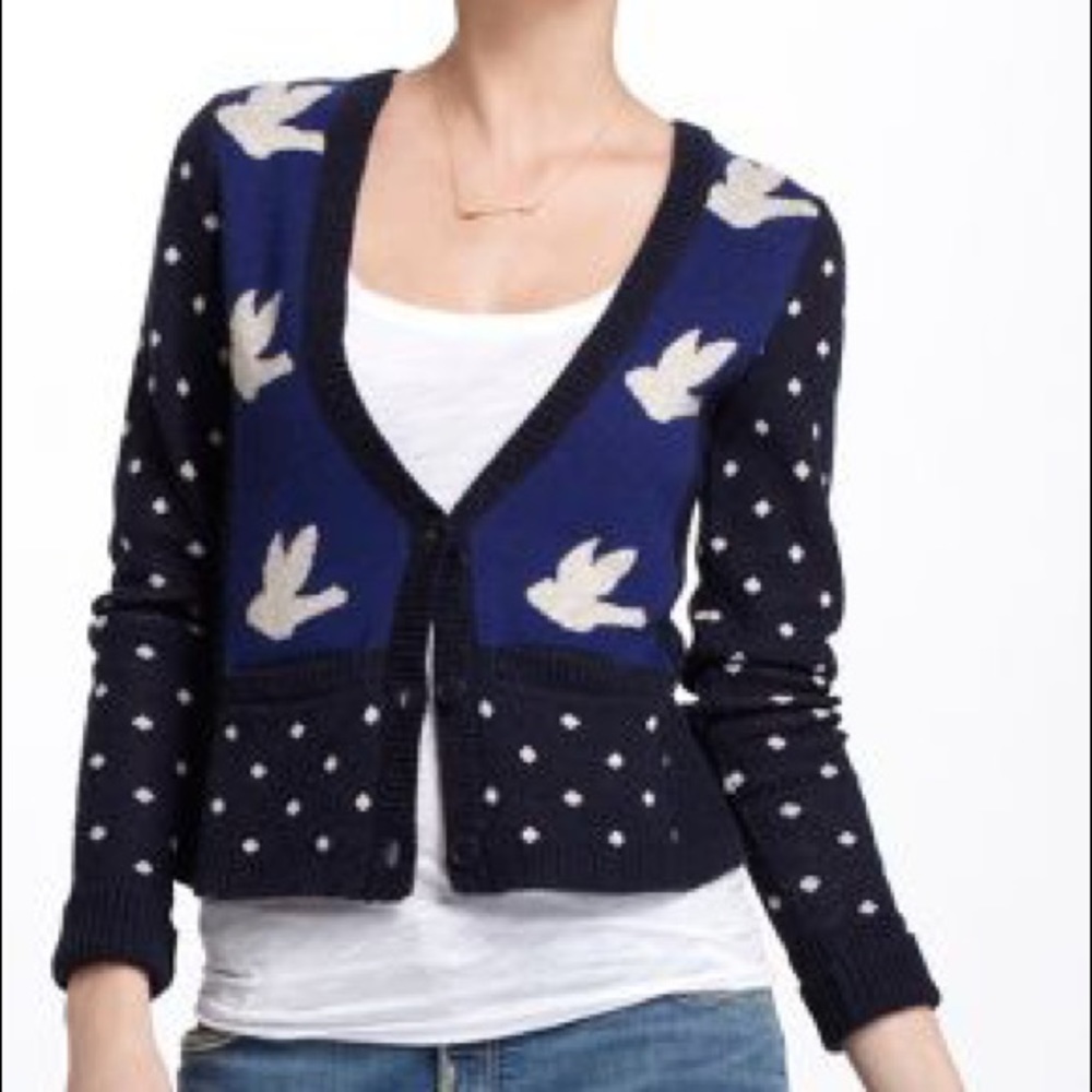 Anthropologie Leifnotes Blue Ruffled Flight Bird Button Front Sweater Cardigan - Picture 1 of 8